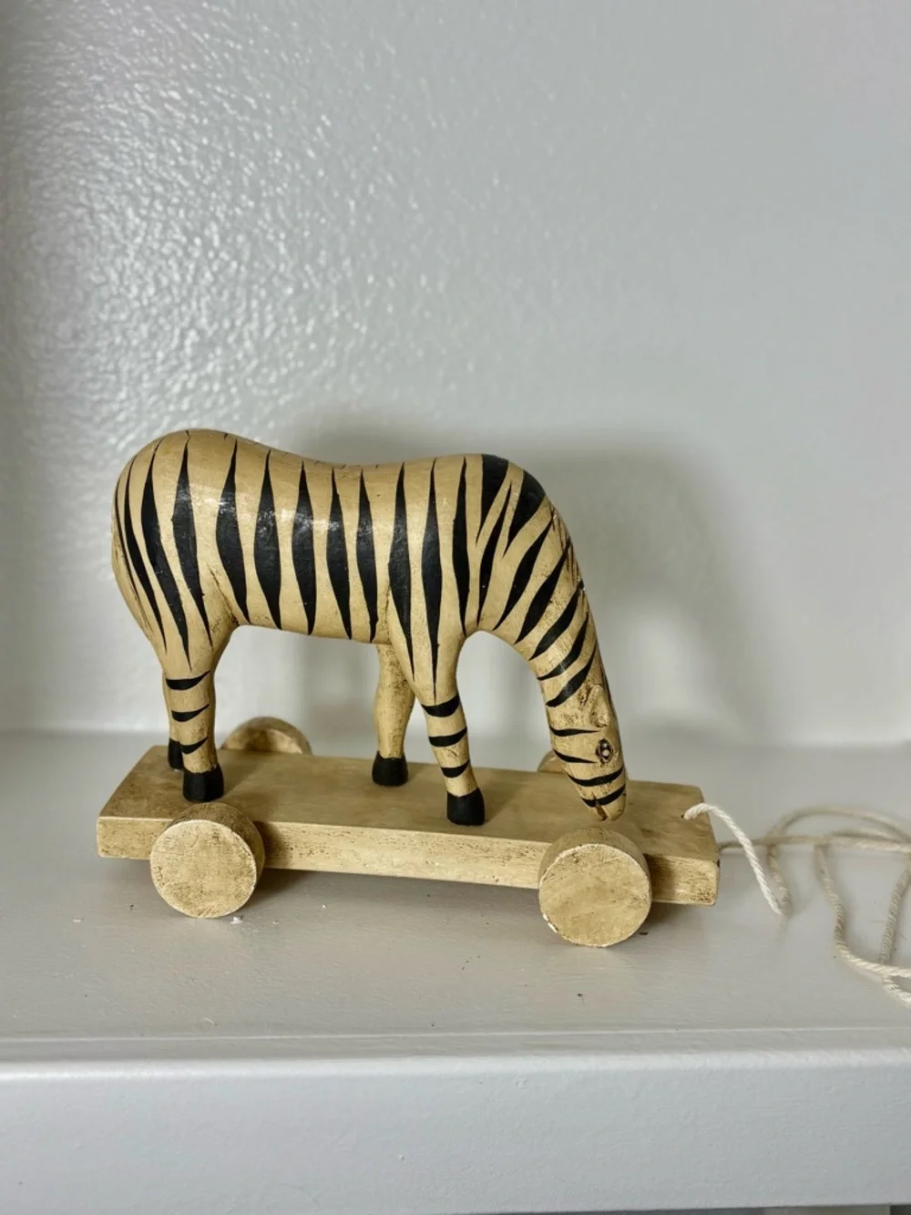 Vintage Hand Carved Wooden Zebra Pull Toy on Wheels Hanford Thailand Folk Art